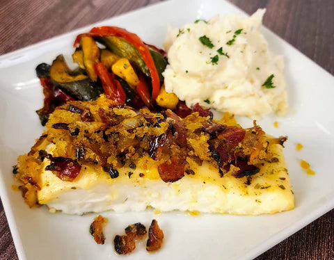 Baked Halibut with Bacon Onion Crumble